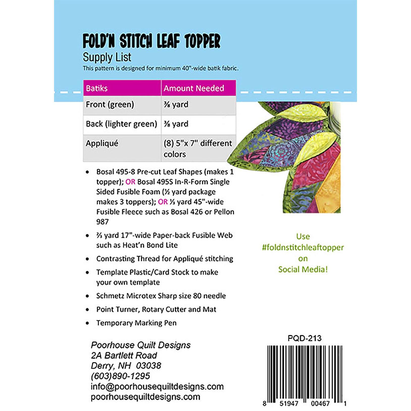 Fold-n-Stitch Leaf Topper Pattern, Poorhouse Quilt Designs image # 35135