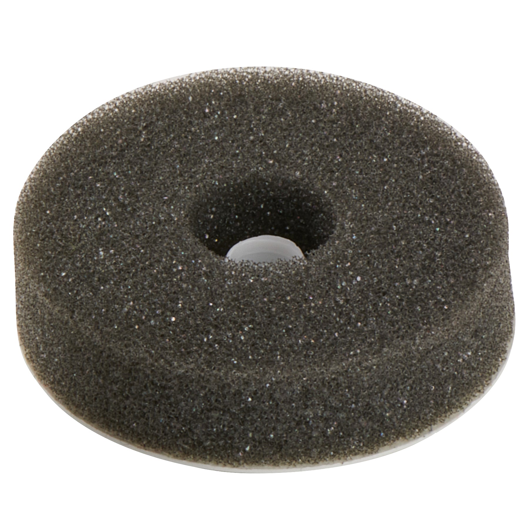 A dark gray foam donut-shaped pad with a textured sponge surface and a central hole, shown on a plain white background.