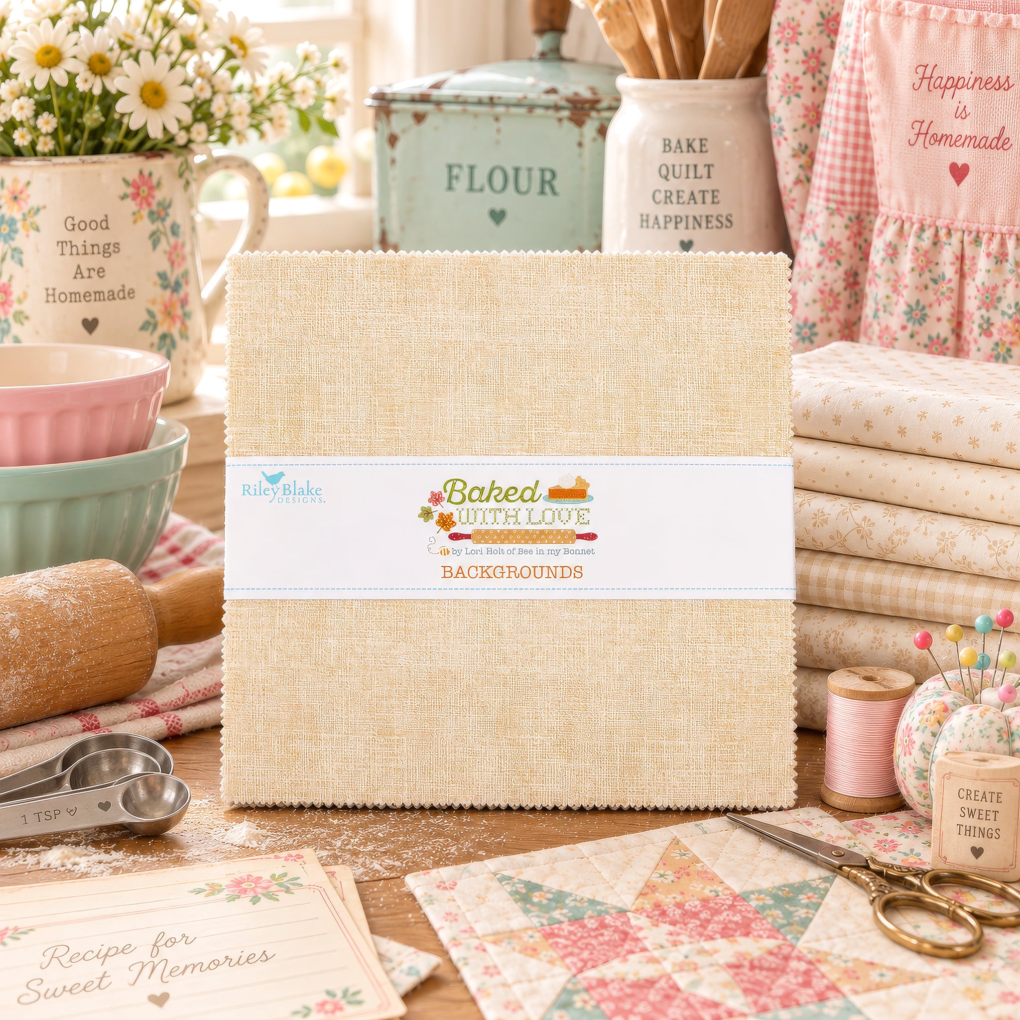 Baked With Love Backgrounds 10" Stacker displayed in a pastel baking and quilting scene.