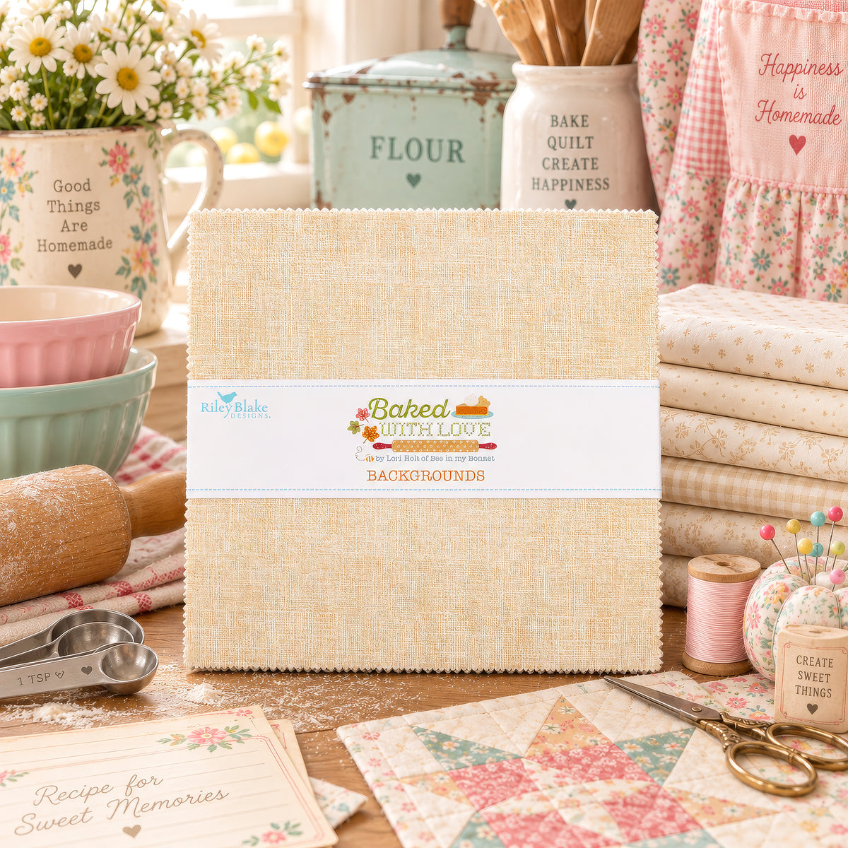 Baked With Love Backgrounds 10" Stacker displayed in a pastel baking and quilting scene.