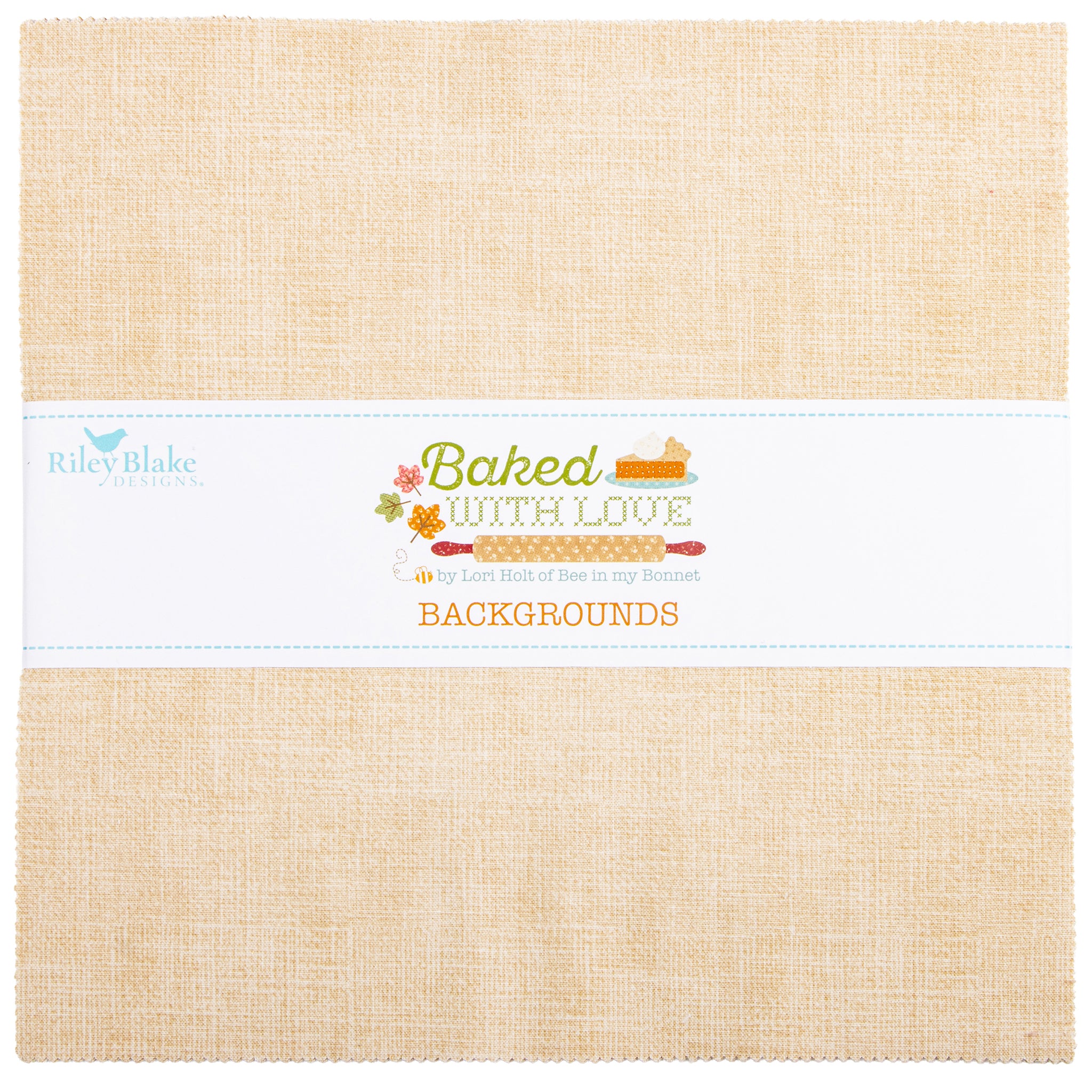 A square fabric or paper background product by Riley Blake Designs, shown folded with a white paper band across the middle. The material has a warm beige linen-like texture, and the band reads 'Baked with Love' and 'BACKGROUND' with small baking-themed illustrations.