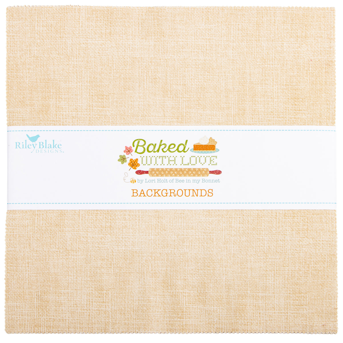 A square fabric or paper background product by Riley Blake Designs, shown folded with a white paper band across the middle. The material has a warm beige linen-like texture, and the band reads 'Baked with Love' and 'BACKGROUND' with small baking-themed illustrations.