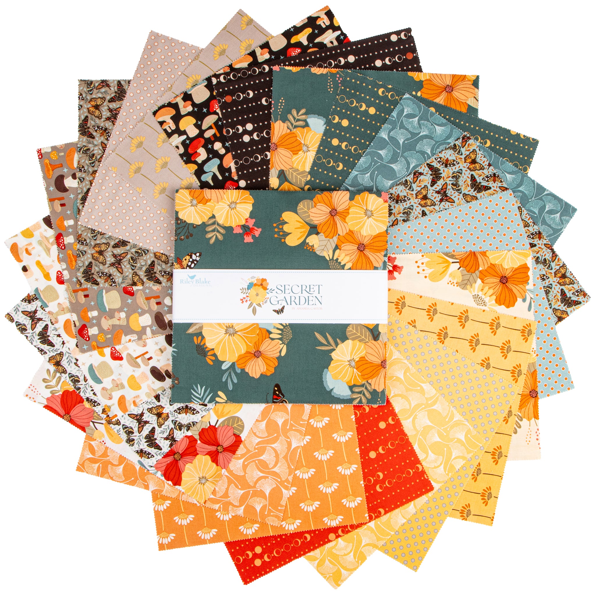 A bundle of patterned fabric sheets fanned out behind a central package label reading 'Secret Garden' and '16-count fabric bundle.' The fabrics feature autumn and floral motifs in orange, yellow, teal, brown, cream, and red, shown on a plain white background.
