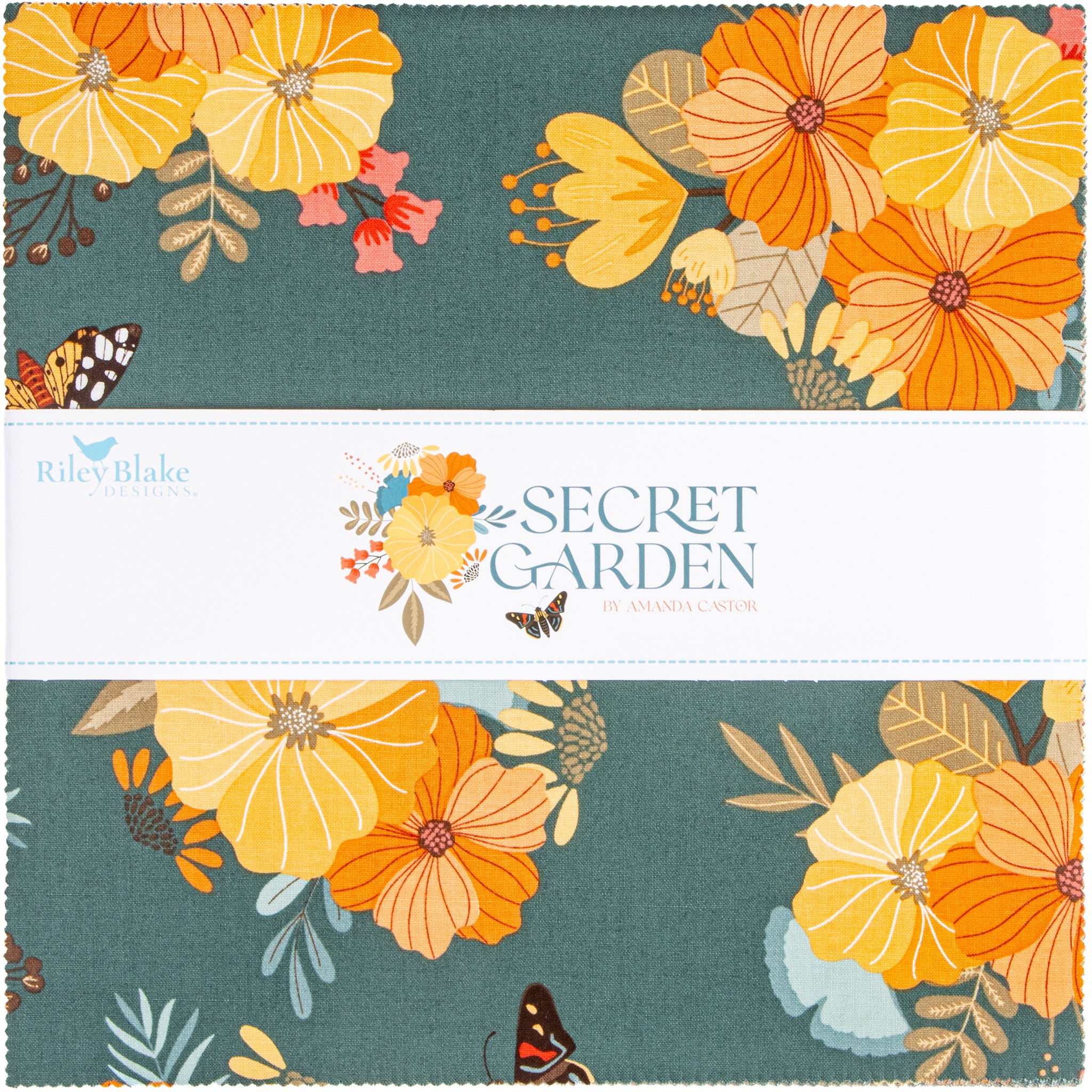 A fabric or paper pattern swatch shown in three stacked panels, featuring a floral design with large orange and yellow flowers, green leaves, and small butterflies on a muted teal background. A white center band displays the text 'Riley Blake Collections' and 'SECRET GARDEN' with 'by Amanda Cudde'.