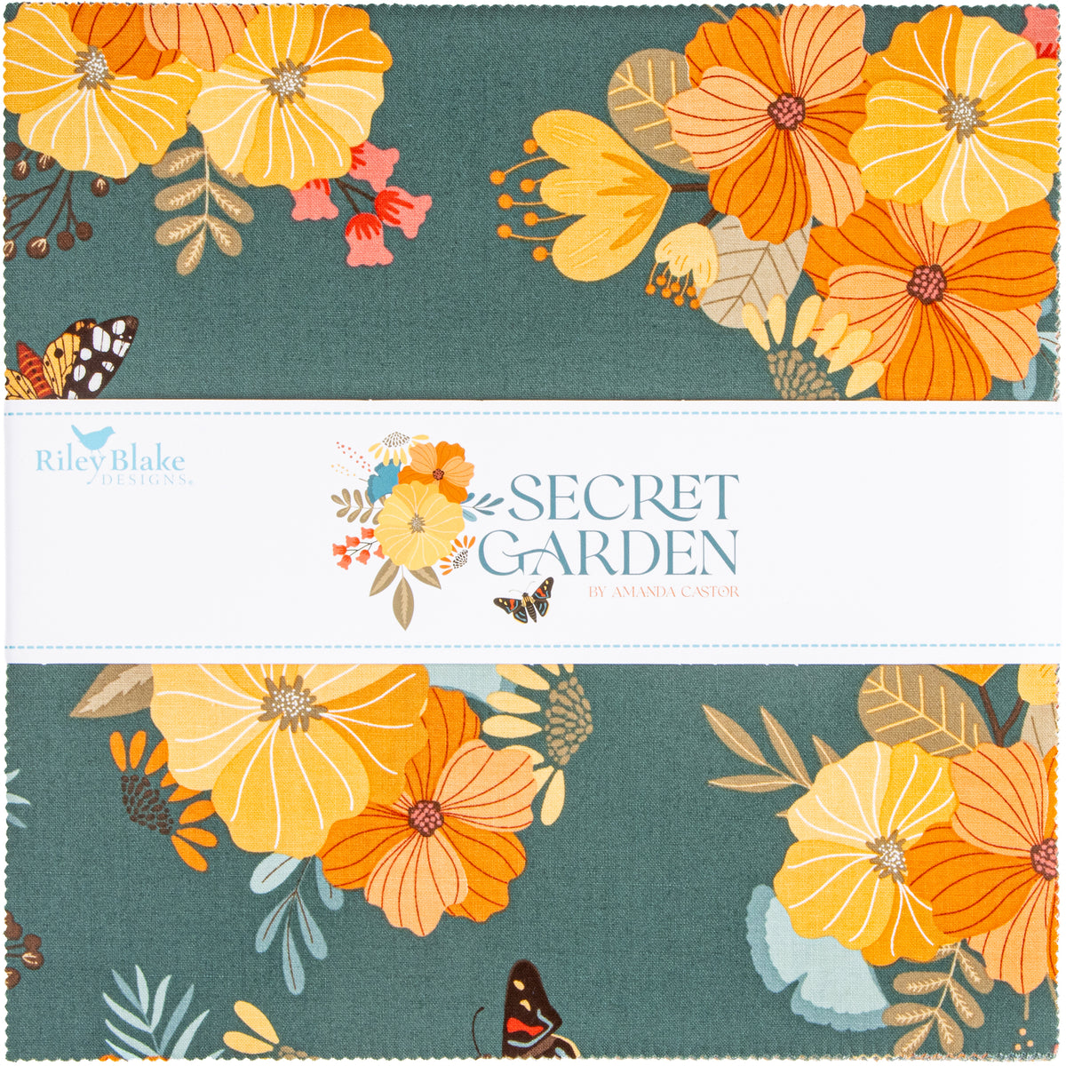 A fabric or paper pattern swatch shown in three stacked panels, featuring a floral design with large orange and yellow flowers, green leaves, and small butterflies on a muted teal background. A white center band displays the text 'Riley Blake Collections' and 'SECRET GARDEN' with 'by Amanda Cudde'.