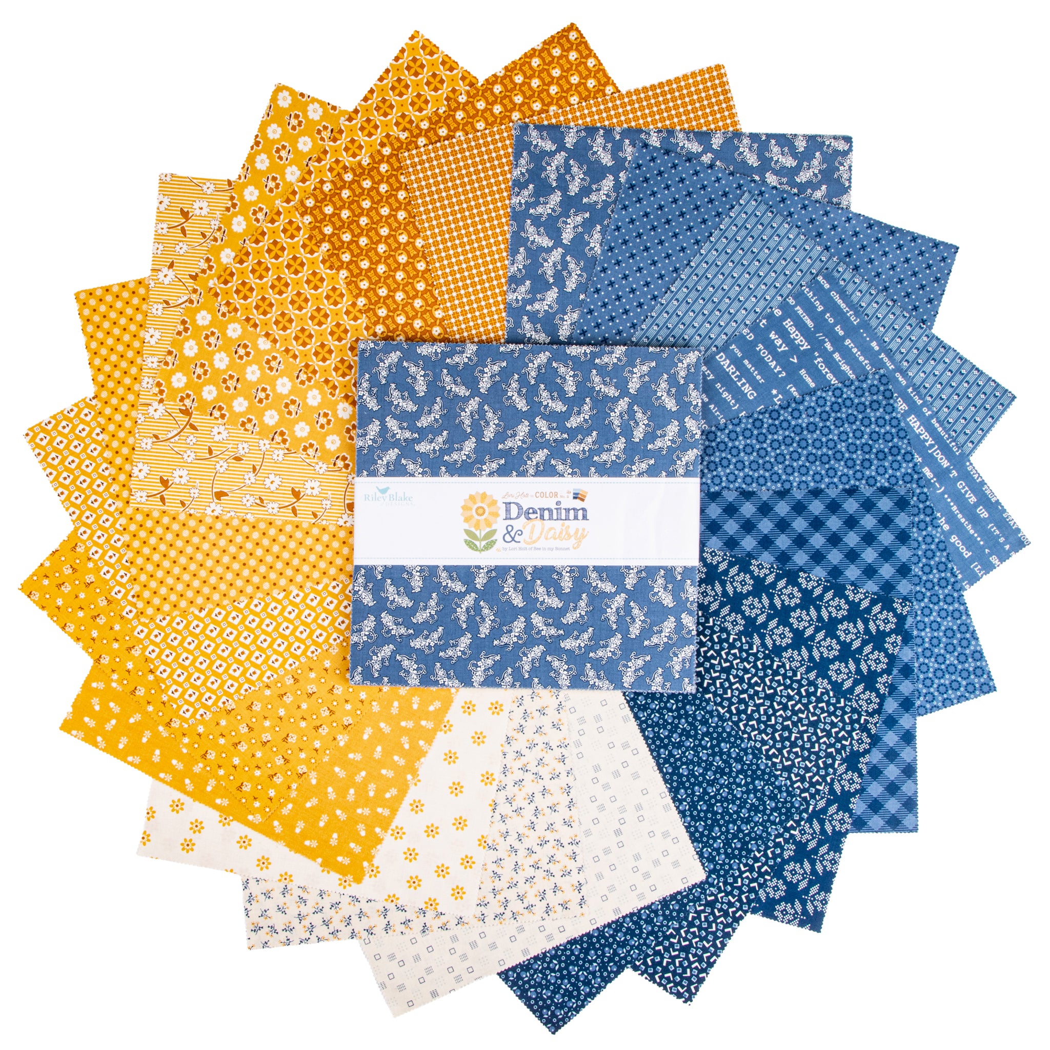 A circular arrangement of patterned fabric squares in yellow, orange, blue, and white, with a central white paper band reading 'Denim & Daisy'.