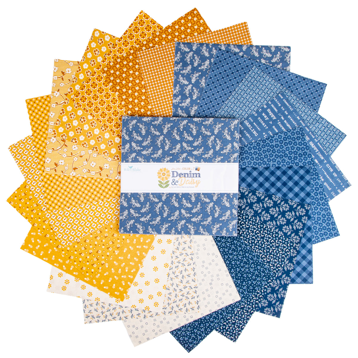 A circular arrangement of patterned fabric squares in yellow, orange, blue, and white, with a central white paper band reading 'Denim & Daisy'.