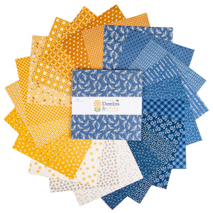 A circular arrangement of patterned fabric squares in yellow, orange, blue, and white, with a central white paper band reading 'Denim & Daisy'.