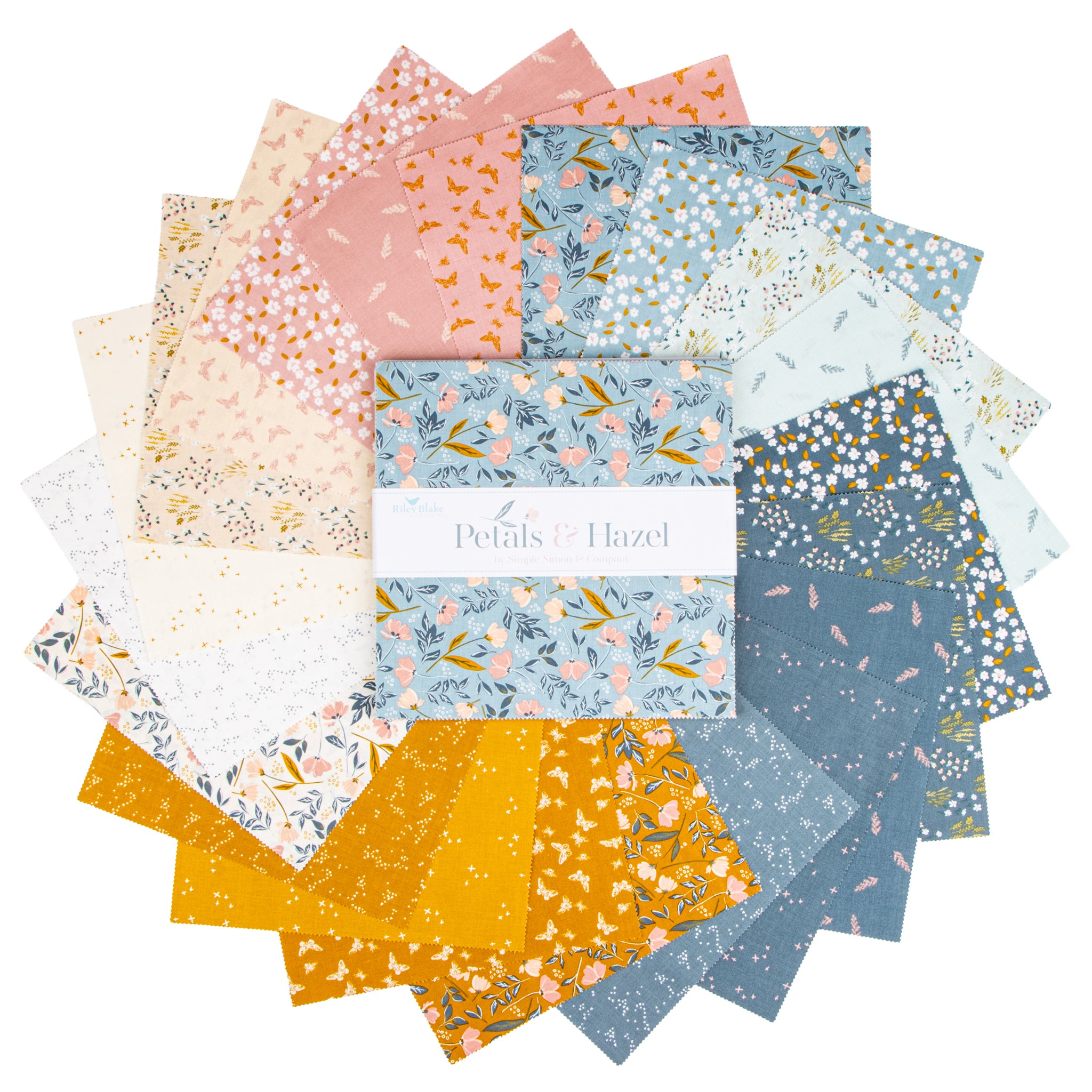 Petals & Hazel 10-inch fabric squares fanned around a stack in pink, blue, cream, and butterscotch.