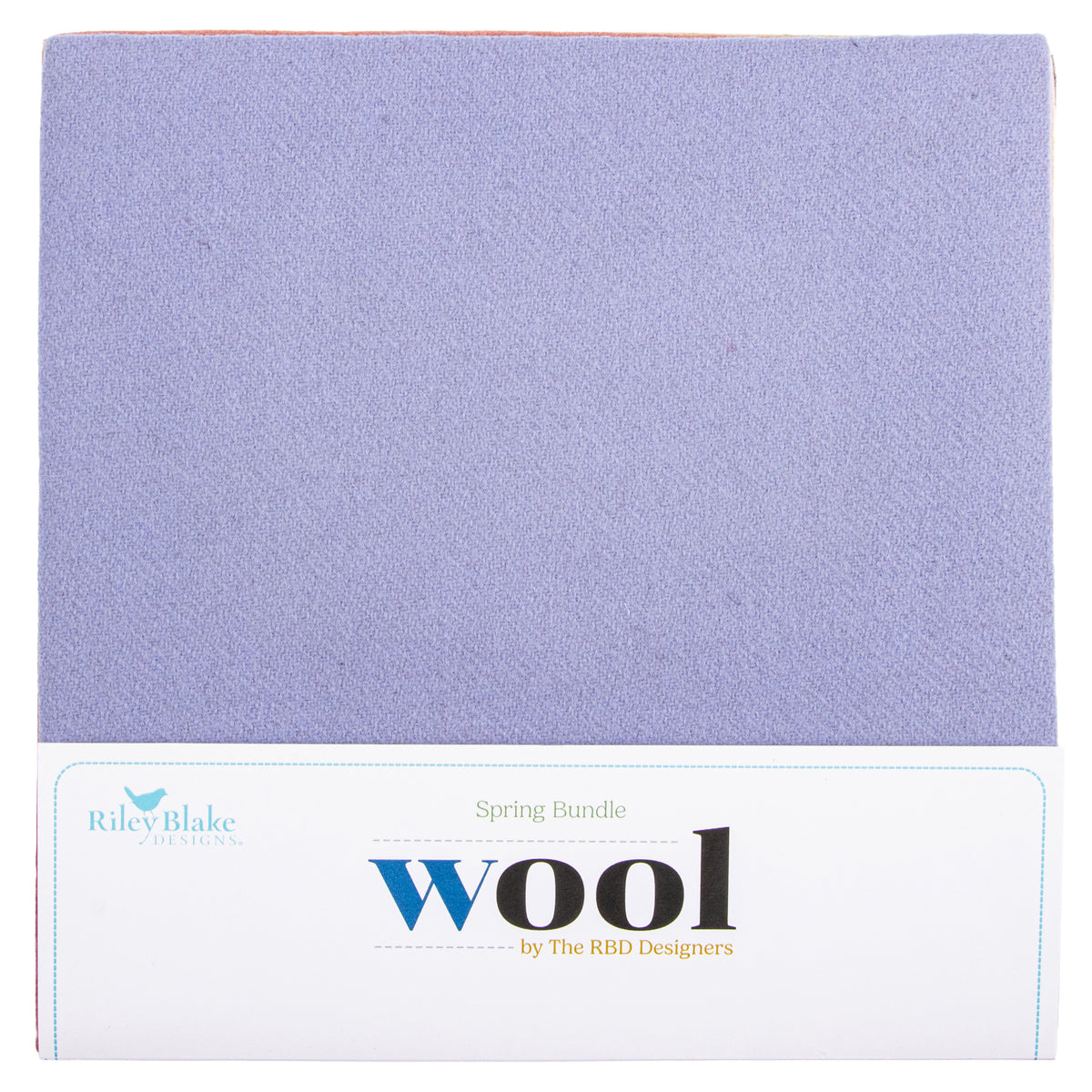 A square fabric labeled 'Spring Bundle Wool' by Riley Blake, showing a soft lavender-purple wool texture above a white printed label.