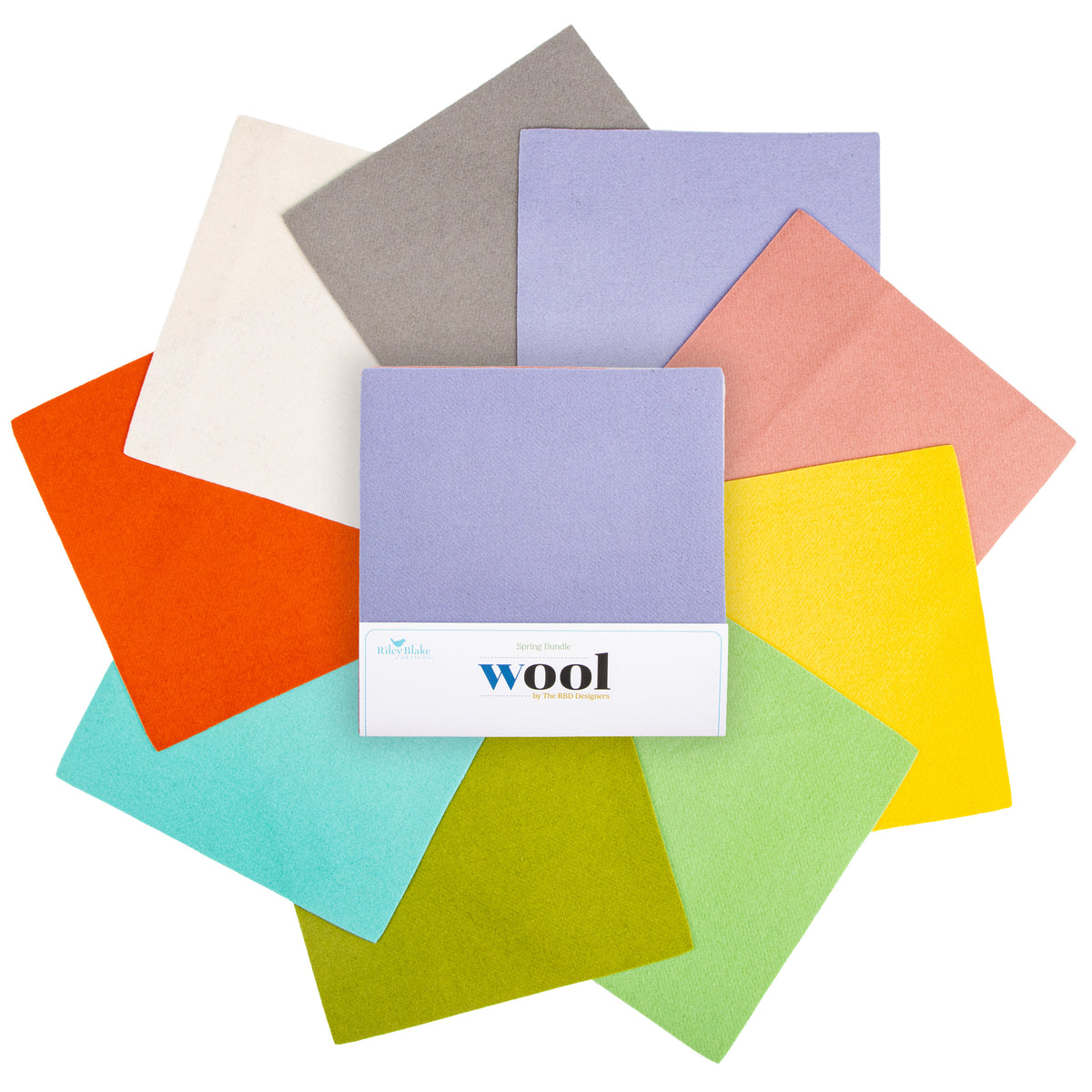 Wool fabric swatches arranged in a circular fan pattern, including colors orange, cream, gray, lavender, pink, yellow, turquoise, olive green, and light green.