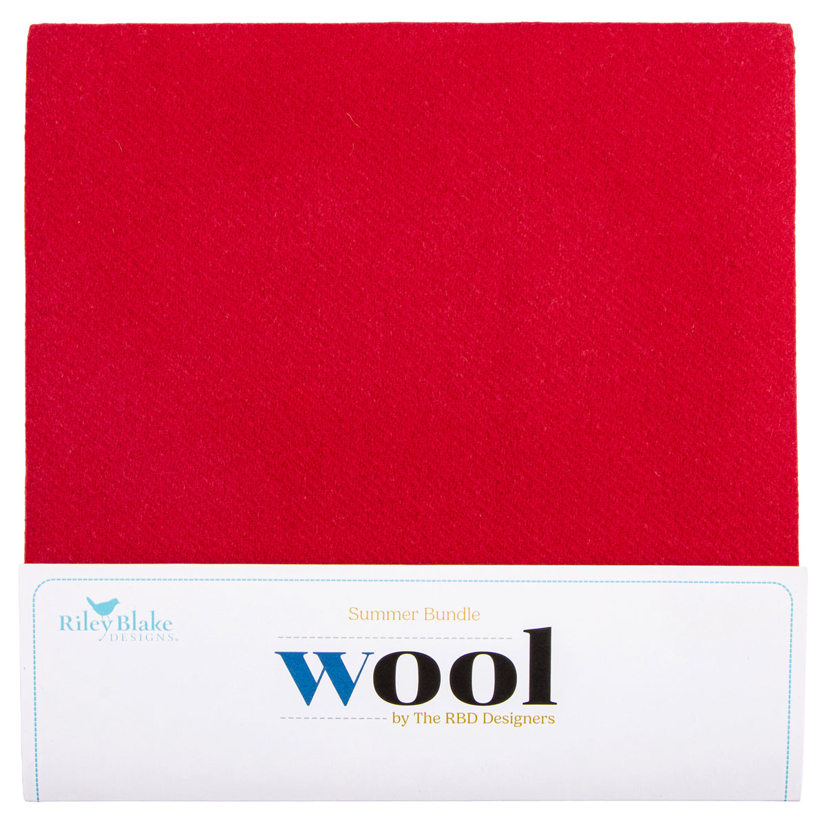 A red wool fabric featuring a white paper label at the bottom with the text 'Summer Bundle Wool by The RBD Designers'.