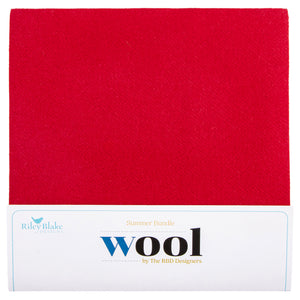 A red wool fabric featuring a white paper label at the bottom with the text 'Summer Bundle Wool by The RBD Designers'.