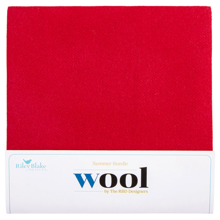 A red wool fabric featuring a white paper label at the bottom with the text 'Summer Bundle Wool by The RBD Designers'.