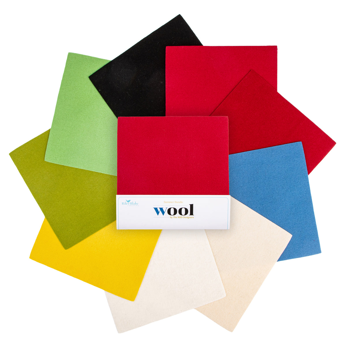 An arrangement of wool fabrics on a white background, including red, black, green, olive, yellow, cream, light blue, and pinkish red. A white band at the bottom reads 'wool'.