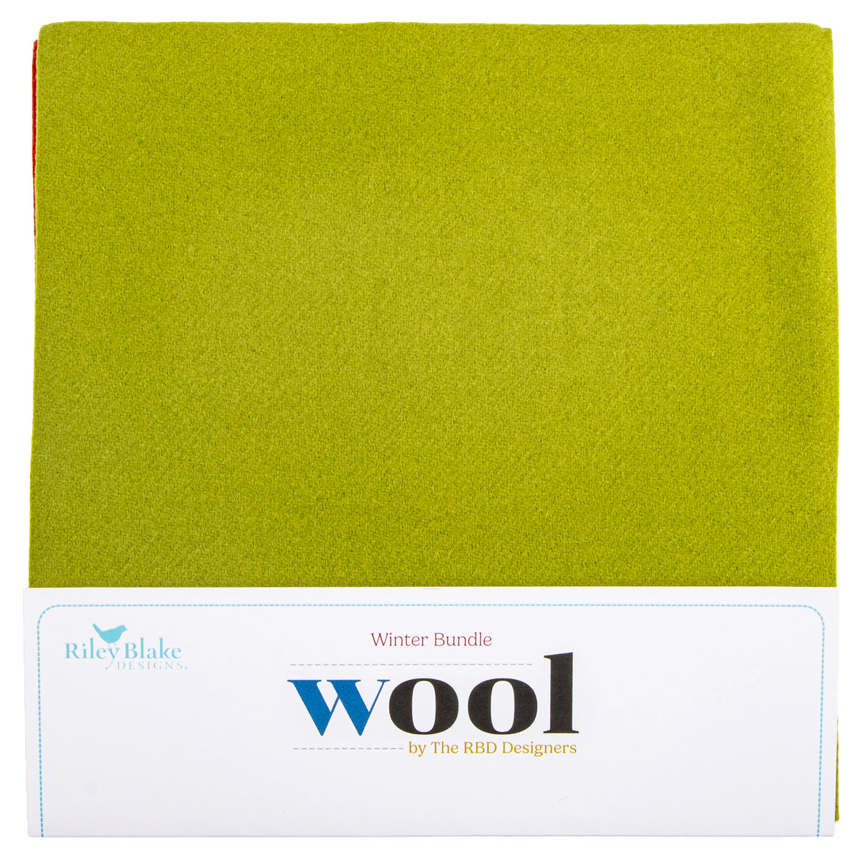 Green wool fabric square with a white label reading "winter bundle" at the bottom.