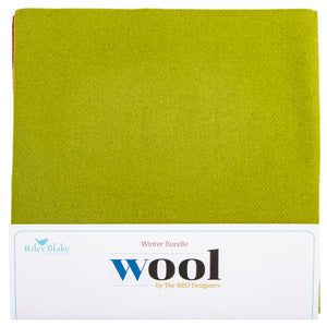 Green wool fabric square with a white label reading "winter bundle" at the bottom.