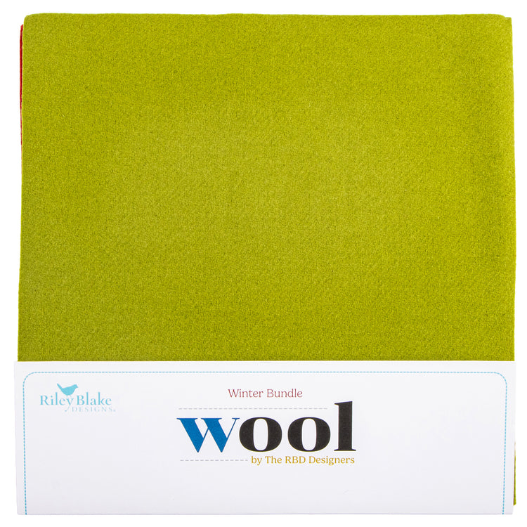 Green wool fabric square with a white label reading "winter bundle" at the bottom.