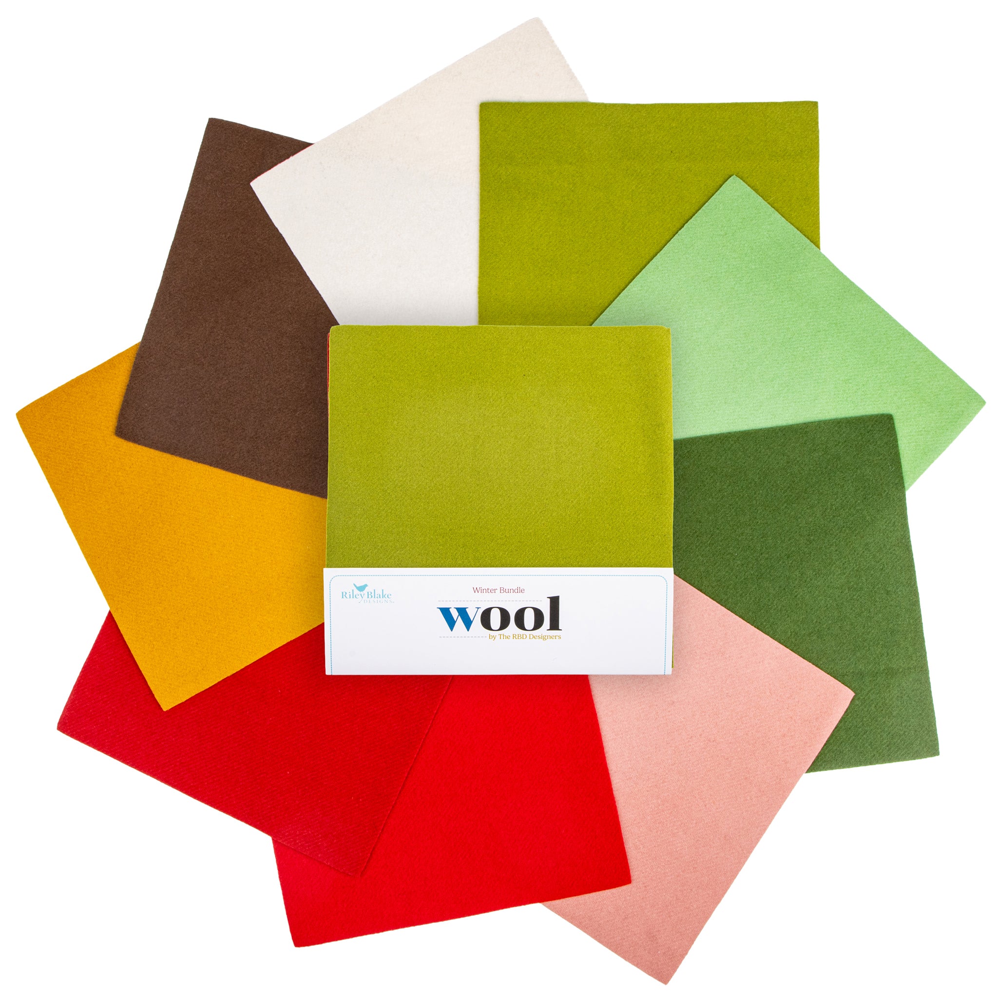 Wool fabric swatches including olive green, light green, forest green, red, pink, peach, mustard yellow, brown, cream, and white.