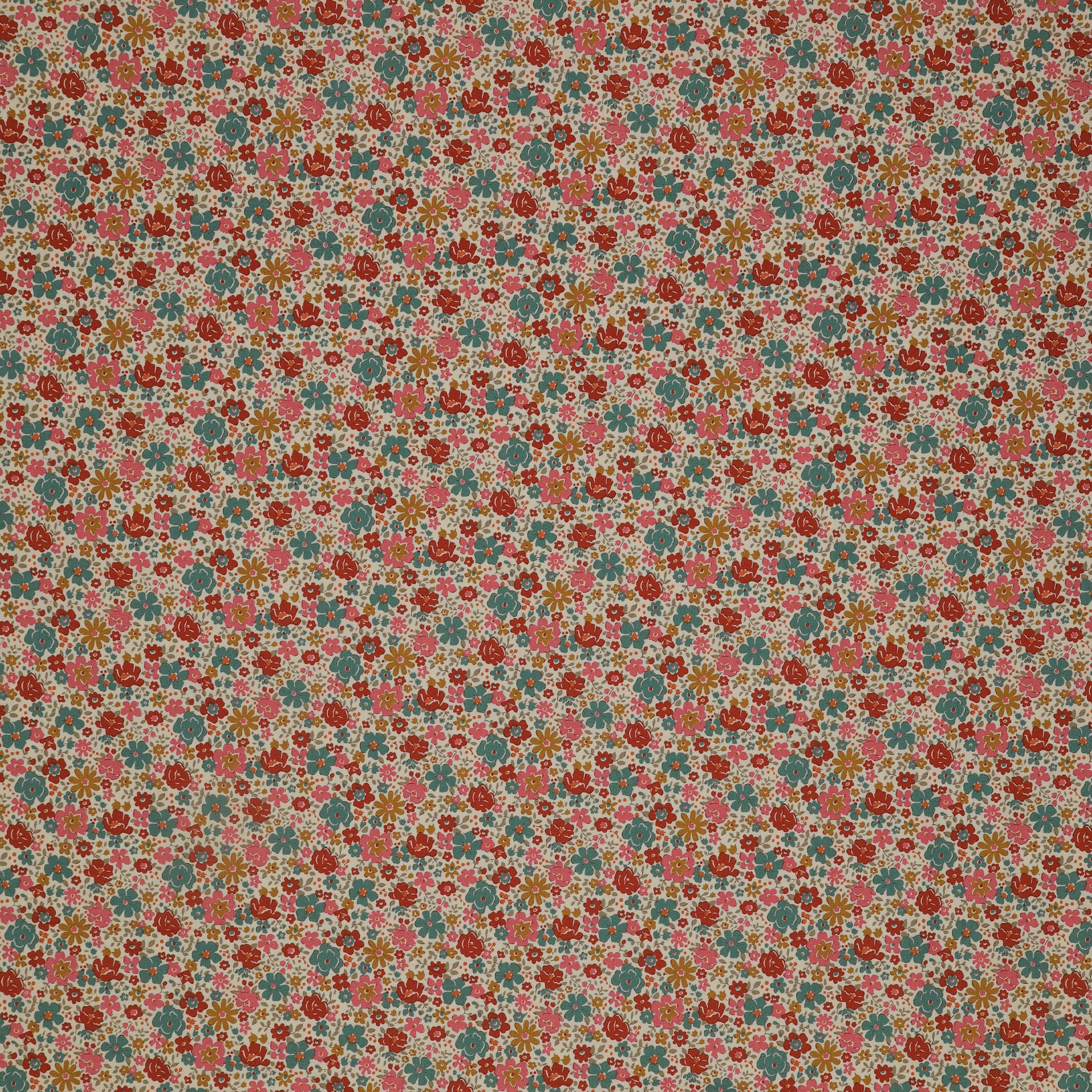Village Life Fabric Collection - Esther Warm Cream: Warm cream with dense red, pink, teal, and gold flowers in a small-scale floral pattern TIL100681-ESTHER-WARM-CREAM