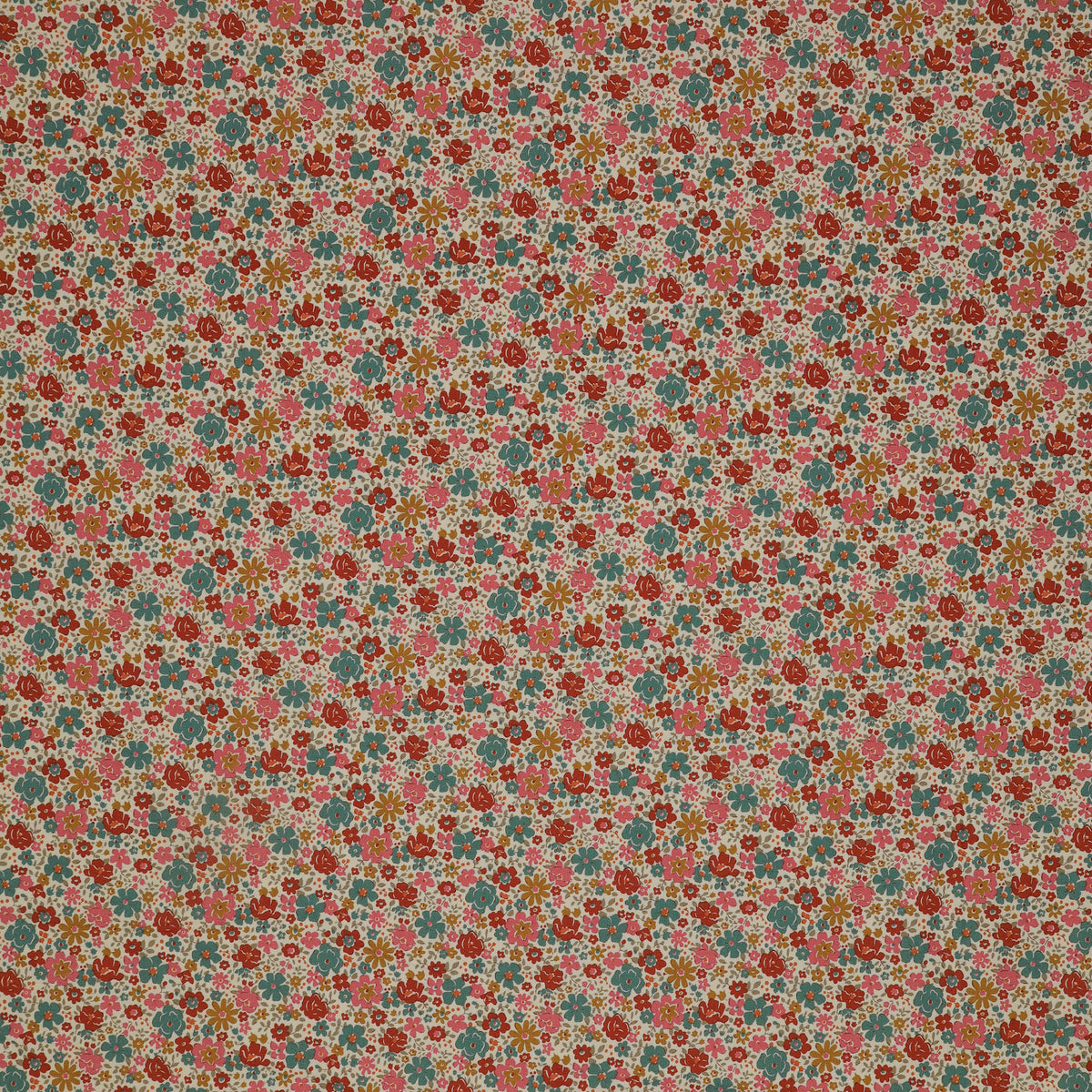 Village Life Fabric Collection - Esther Warm Cream: Warm cream with dense red, pink, teal, and gold flowers in a small-scale floral pattern TIL100681-ESTHER-WARM-CREAM