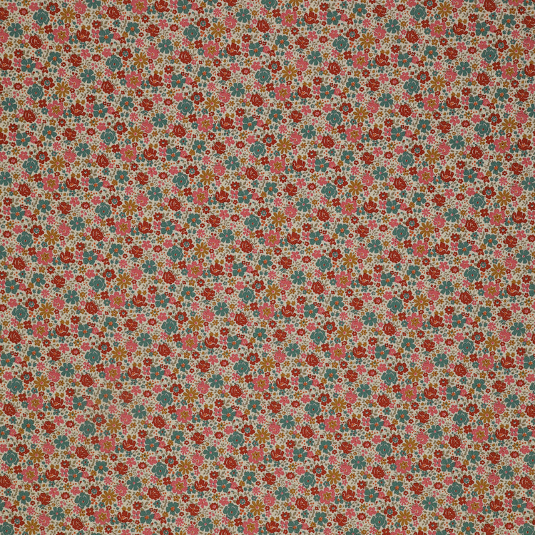Village Life Fabric Collection - Esther Warm Cream: Warm cream with dense red, pink, teal, and gold flowers in a small-scale floral pattern TIL100681-ESTHER-WARM-CREAM