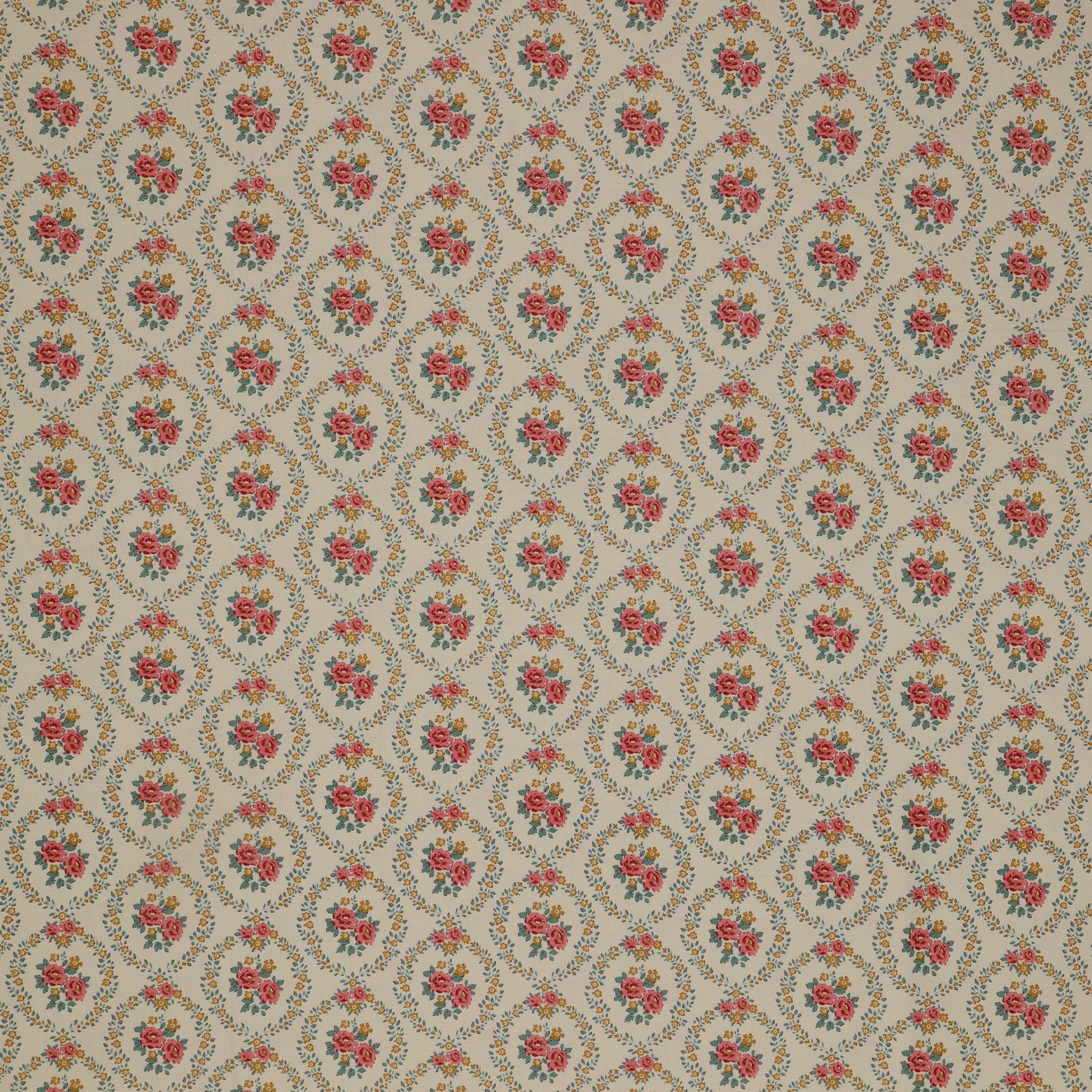 Village Life Fabric Collection - Mable Warm Cream: Warm cream with pink rose bouquets framed by teal and gold floral wreaths in a repeating pattern TIL100682-MABLE-WARM-CREAM