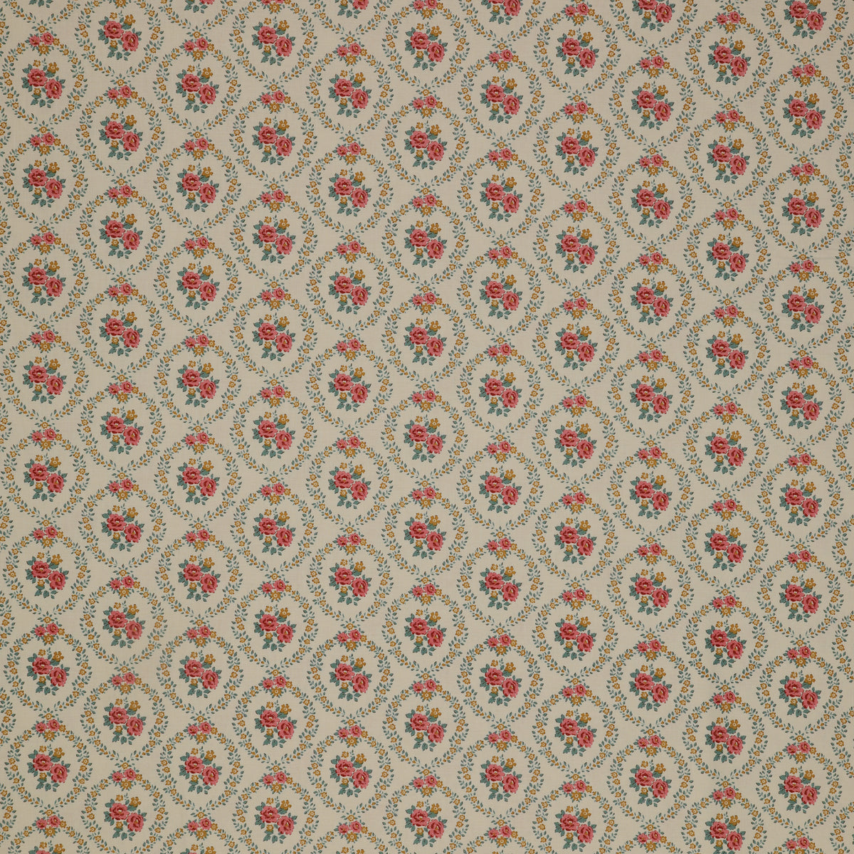 Village Life Fabric Collection - Mable Warm Cream: Warm cream with pink rose bouquets framed by teal and gold floral wreaths in a repeating pattern TIL100682-MABLE-WARM-CREAM
