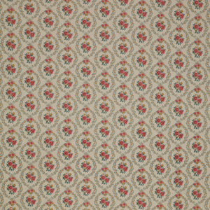 Village Life Fabric Collection - Mable Warm Cream: Warm cream with pink rose bouquets framed by teal and gold floral wreaths in a repeating pattern TIL100682-MABLE-WARM-CREAM