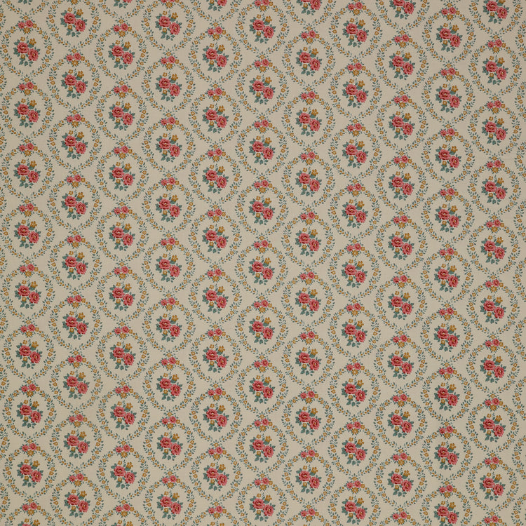 Village Life Fabric Collection - Mable Warm Cream: Warm cream with pink rose bouquets framed by teal and gold floral wreaths in a repeating pattern TIL100682-MABLE-WARM-CREAM