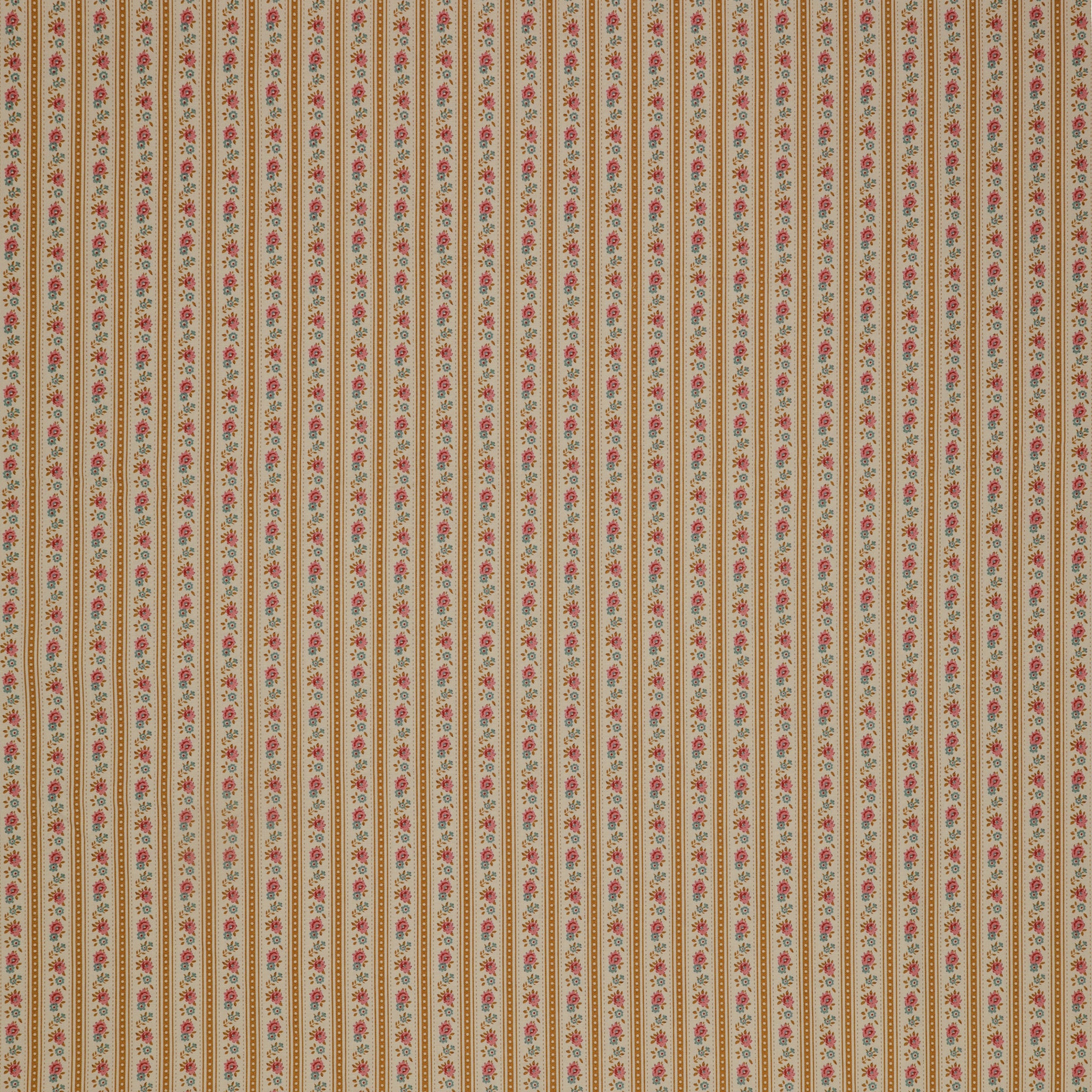 Village Life Fabric Collection - Agnes Ochre: Ochre and cream vertical stripes with tiny pink and blue floral accents TIL100683-AGNES-OCHRE