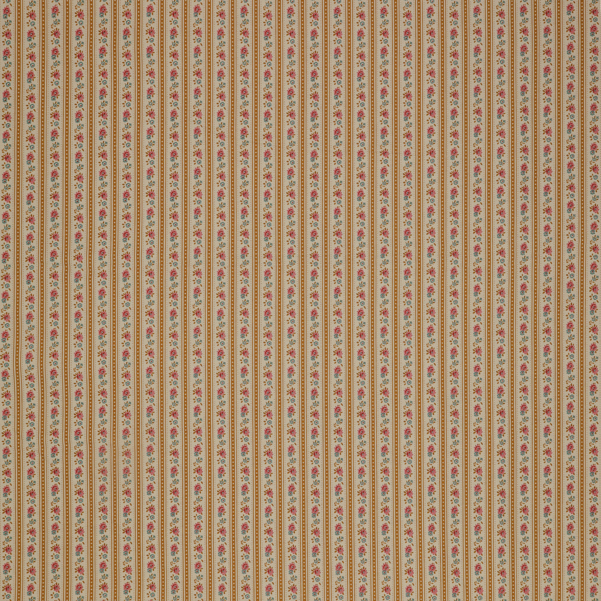 Village Life Fabric Collection - Agnes Ochre: Ochre and cream vertical stripes with tiny pink and blue floral accents TIL100683-AGNES-OCHRE