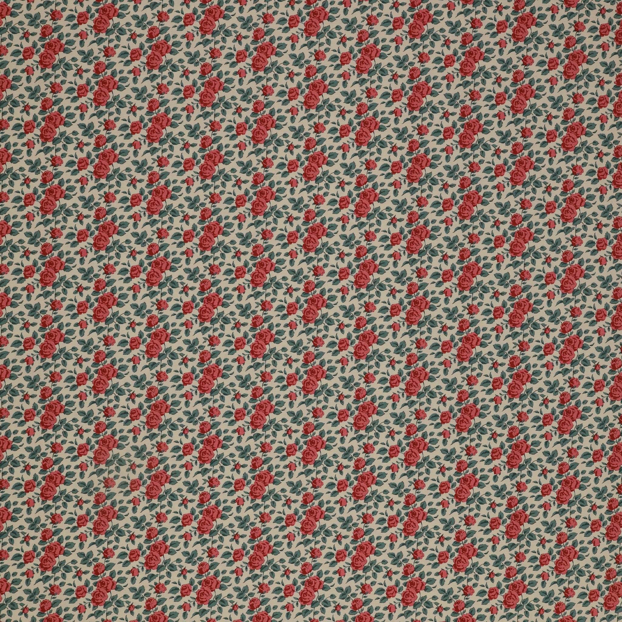 Village Life Fabric Collection - Margot Rust:  rust red roses and green leaves in a repeating floral pattern TIL100684-MARGOT-RUST