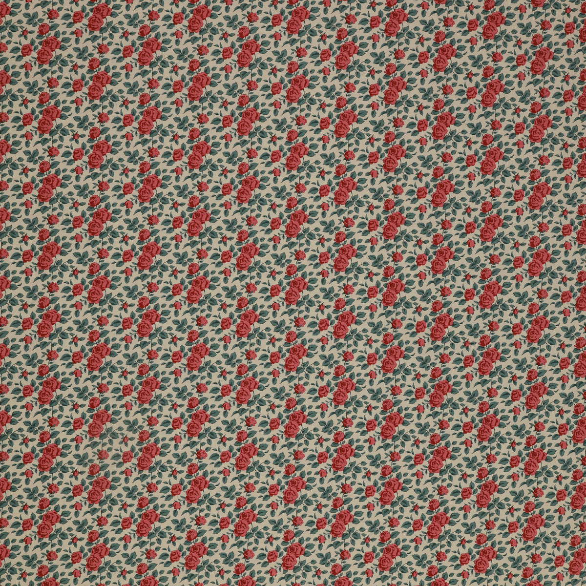 Village Life Fabric Collection - Margot Rust:  rust red roses and green leaves in a repeating floral pattern TIL100684-MARGOT-RUST