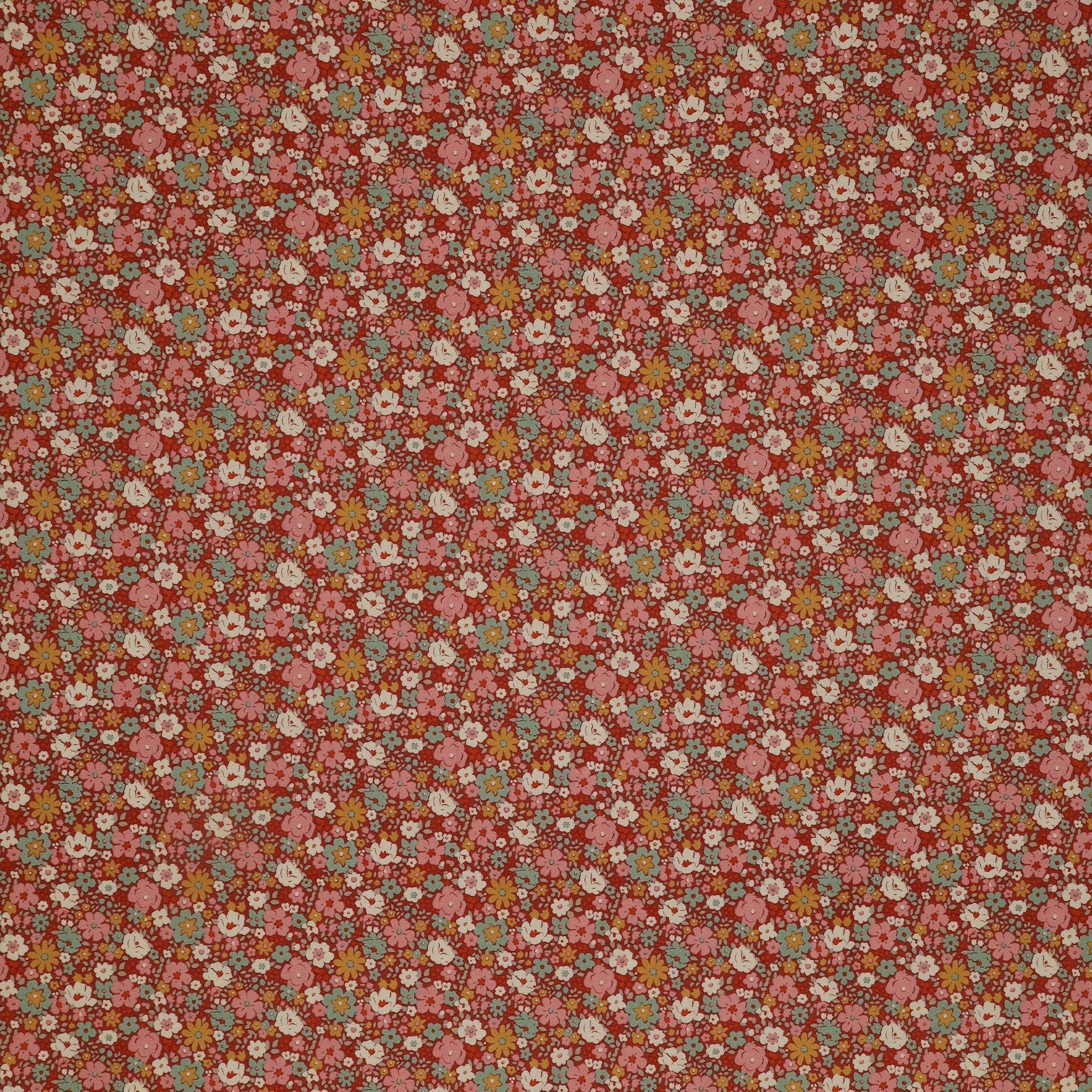 Village Life Fabric Collection - Esther Rust: Rust with dense pink, cream, teal, and gold flowers in a small-scale floral pattern TIL100685-ESTHER-RUST
