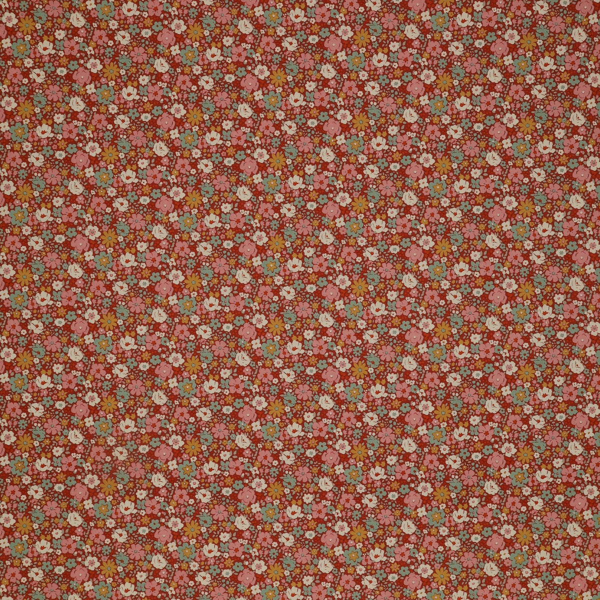 Village Life Fabric Collection - Esther Rust: Rust with dense pink, cream, teal, and gold flowers in a small-scale floral pattern TIL100685-ESTHER-RUST