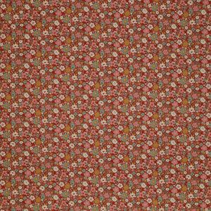 Village Life Fabric Collection - Esther Rust: Rust with dense pink, cream, teal, and gold flowers in a small-scale floral pattern TIL100685-ESTHER-RUST