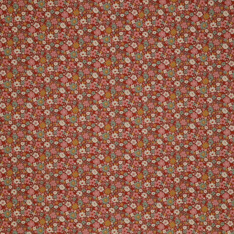 Village Life Fabric Collection - Esther Rust: Rust with dense pink, cream, teal, and gold flowers in a small-scale floral pattern TIL100685-ESTHER-RUST