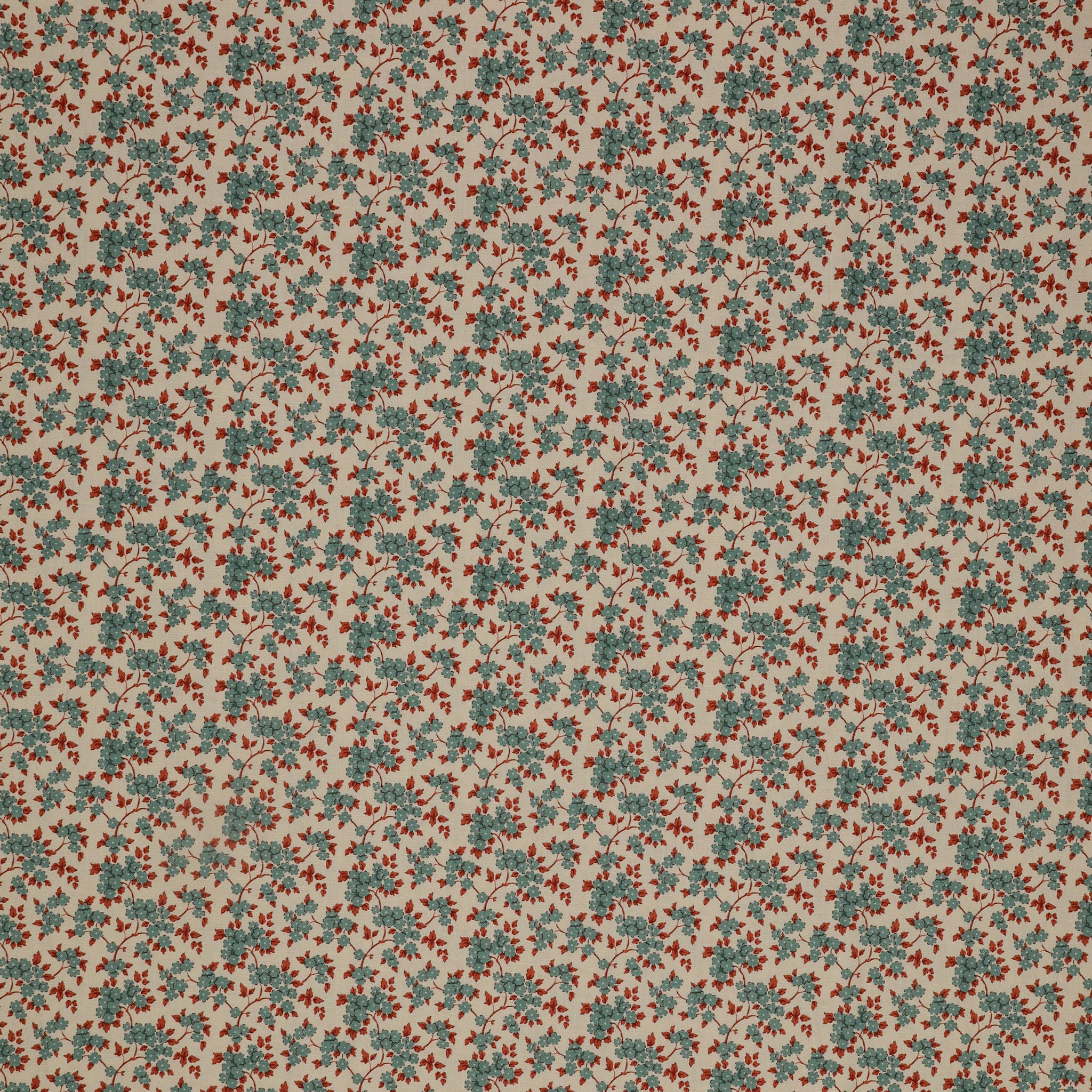 Village Life Fabric Collection - Ruth Teal: teal flowers and rust red leafy vines in a delicate repeating pattern TIL100686-RUTH-TEAL