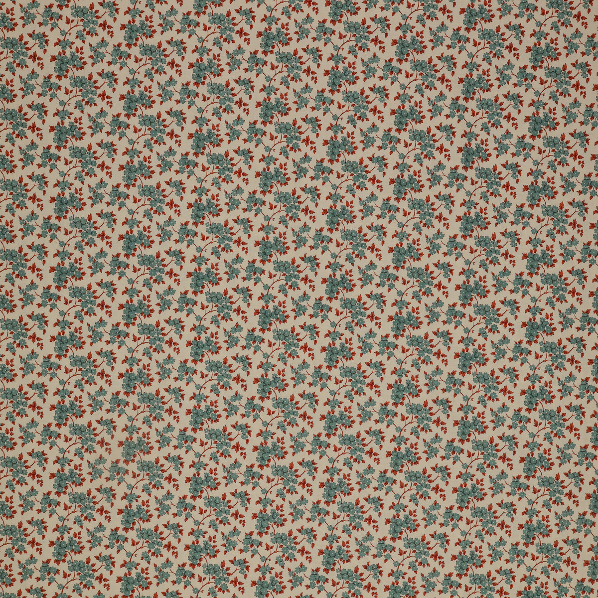 Village Life Fabric Collection - Ruth Teal: teal flowers and rust red leafy vines in a delicate repeating pattern TIL100686-RUTH-TEAL