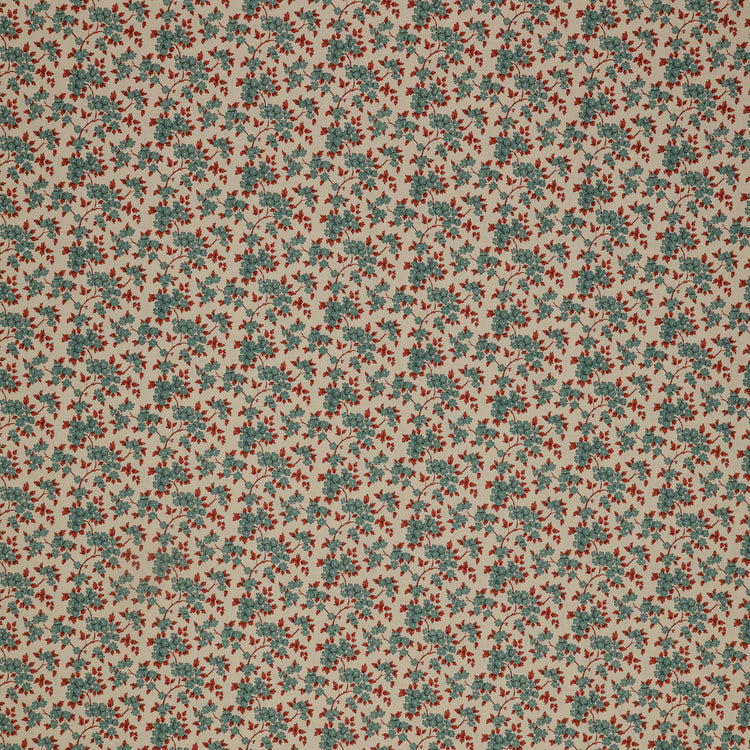 Village Life Fabric Collection - Ruth Teal: teal flowers and rust red leafy vines in a delicate repeating pattern TIL100686-RUTH-TEAL