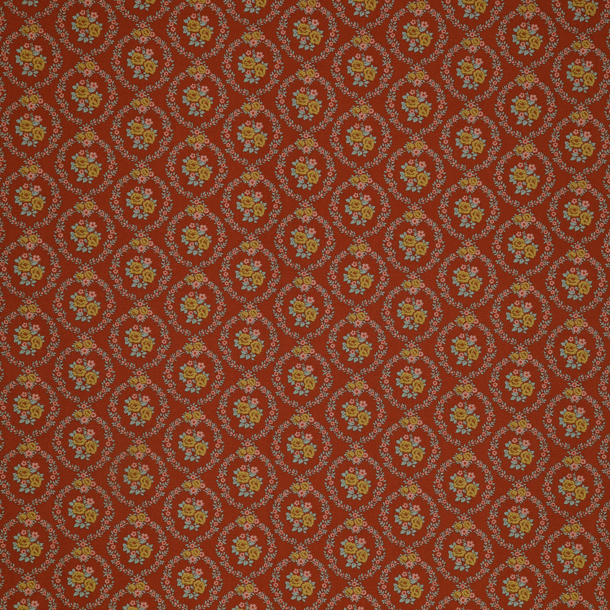 Village Life Fabric Collection - Mable Rust: Rust with yellow rose bouquets framed by teal and pink floral wreaths in a repeating pattern TIL100687-MABLE-RUST