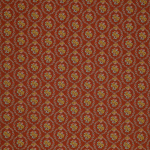 Village Life Fabric Collection - Mable Rust: Rust with yellow rose bouquets framed by teal and pink floral wreaths in a repeating pattern TIL100687-MABLE-RUST