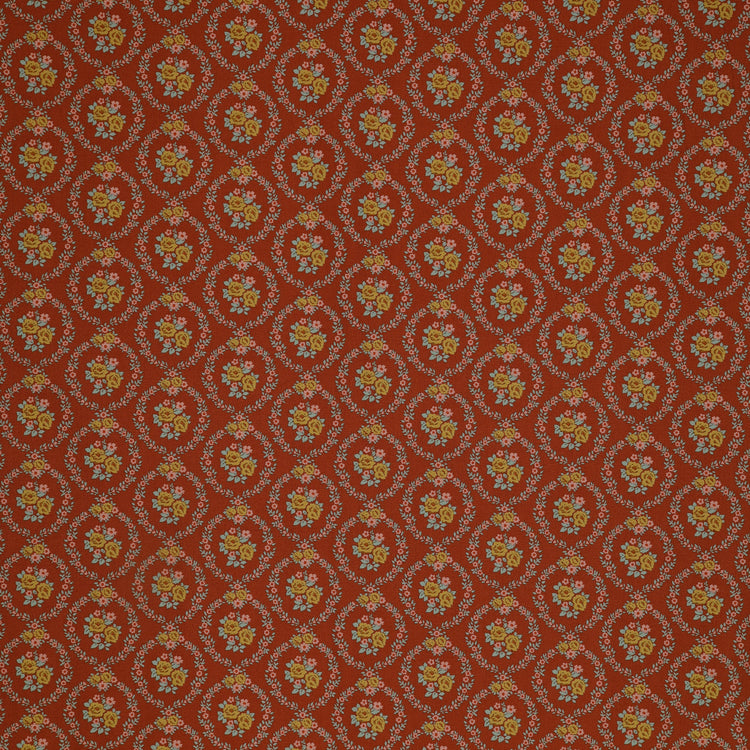 Village Life Fabric Collection - Mable Rust: Rust with yellow rose bouquets framed by teal and pink floral wreaths in a repeating pattern TIL100687-MABLE-RUST