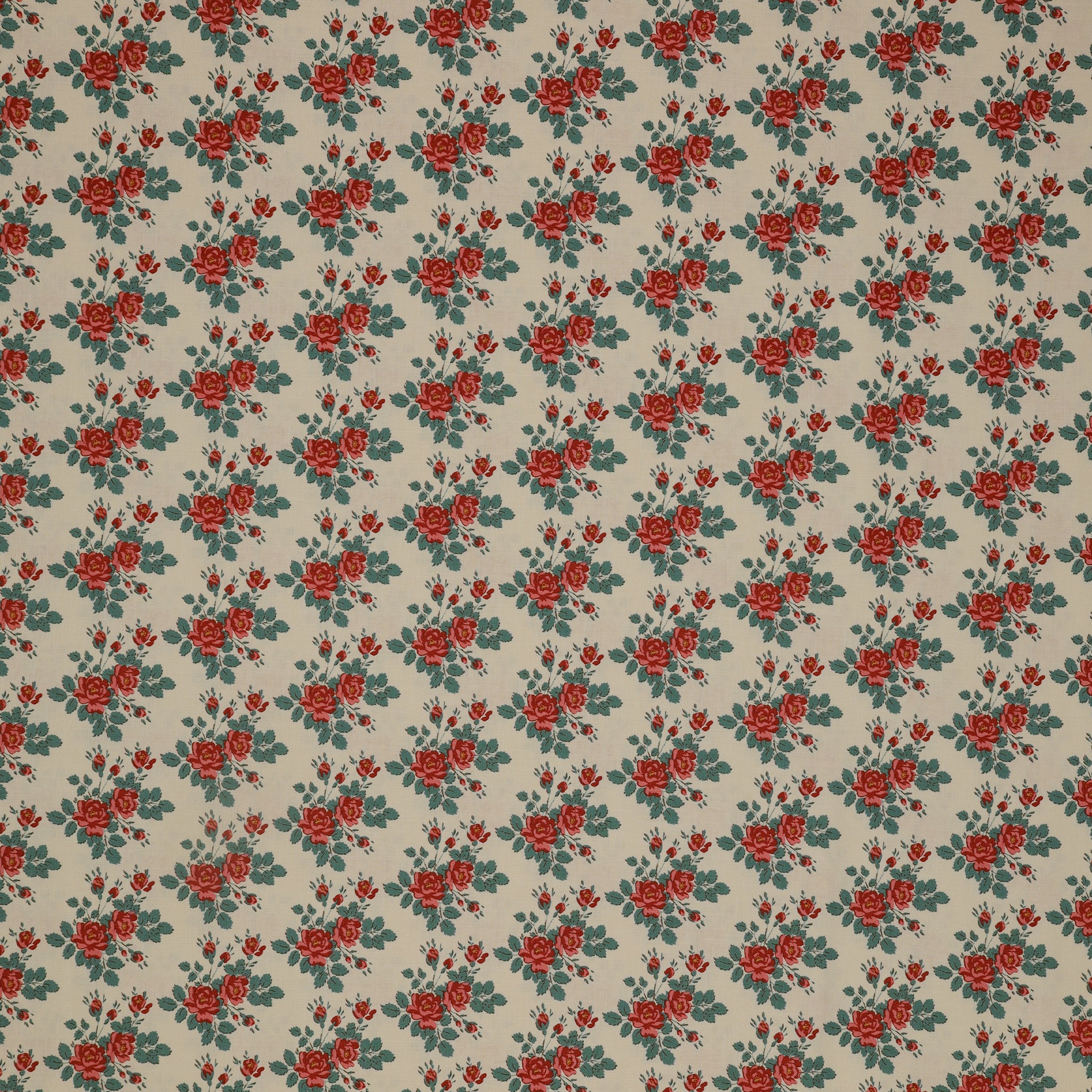Village Life Fabric Collection - Myrtle Teal: rust red rose bouquets and teal leaves in a repeating floral pattern TIL100688-MYRTLE-TEAL