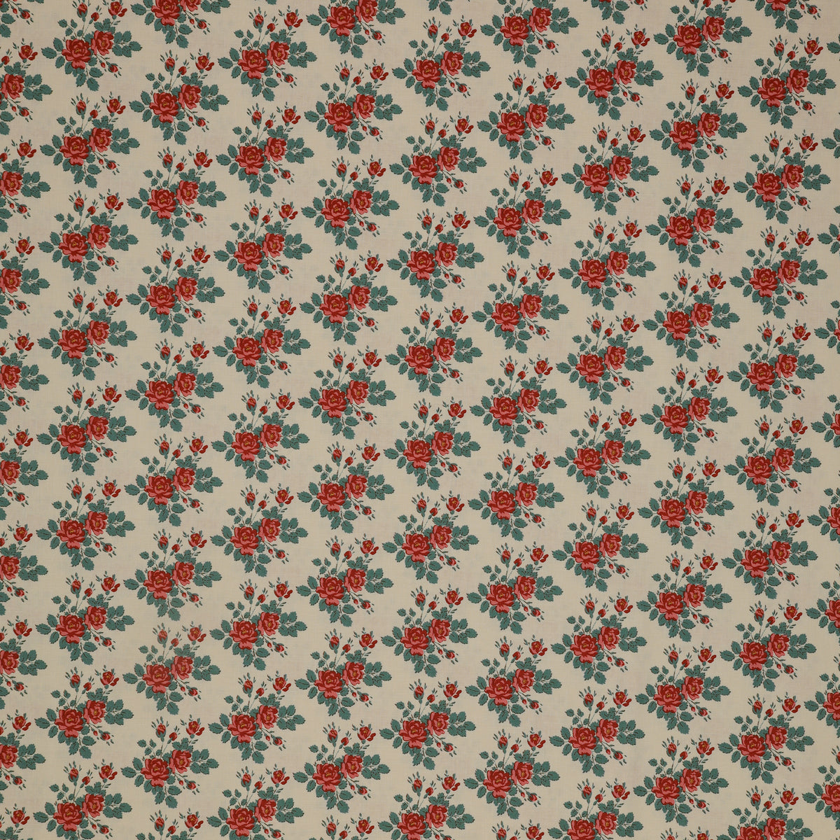 Village Life Fabric Collection - Myrtle Teal: rust red rose bouquets and teal leaves in a repeating floral pattern TIL100688-MYRTLE-TEAL