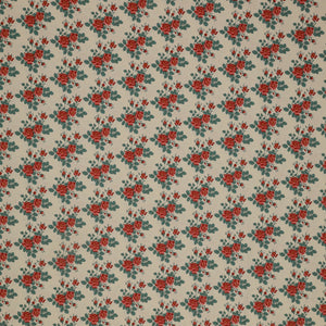 Village Life Fabric Collection - Myrtle Teal: rust red rose bouquets and teal leaves in a repeating floral pattern TIL100688-MYRTLE-TEAL