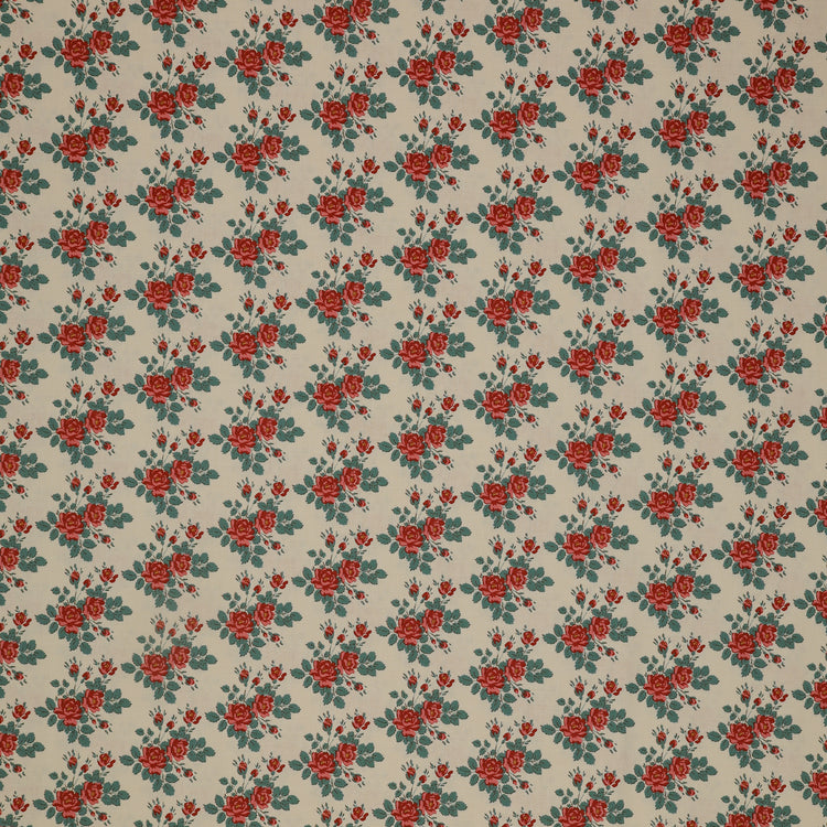 Village Life Fabric Collection - Myrtle Teal: rust red rose bouquets and teal leaves in a repeating floral pattern TIL100688-MYRTLE-TEAL