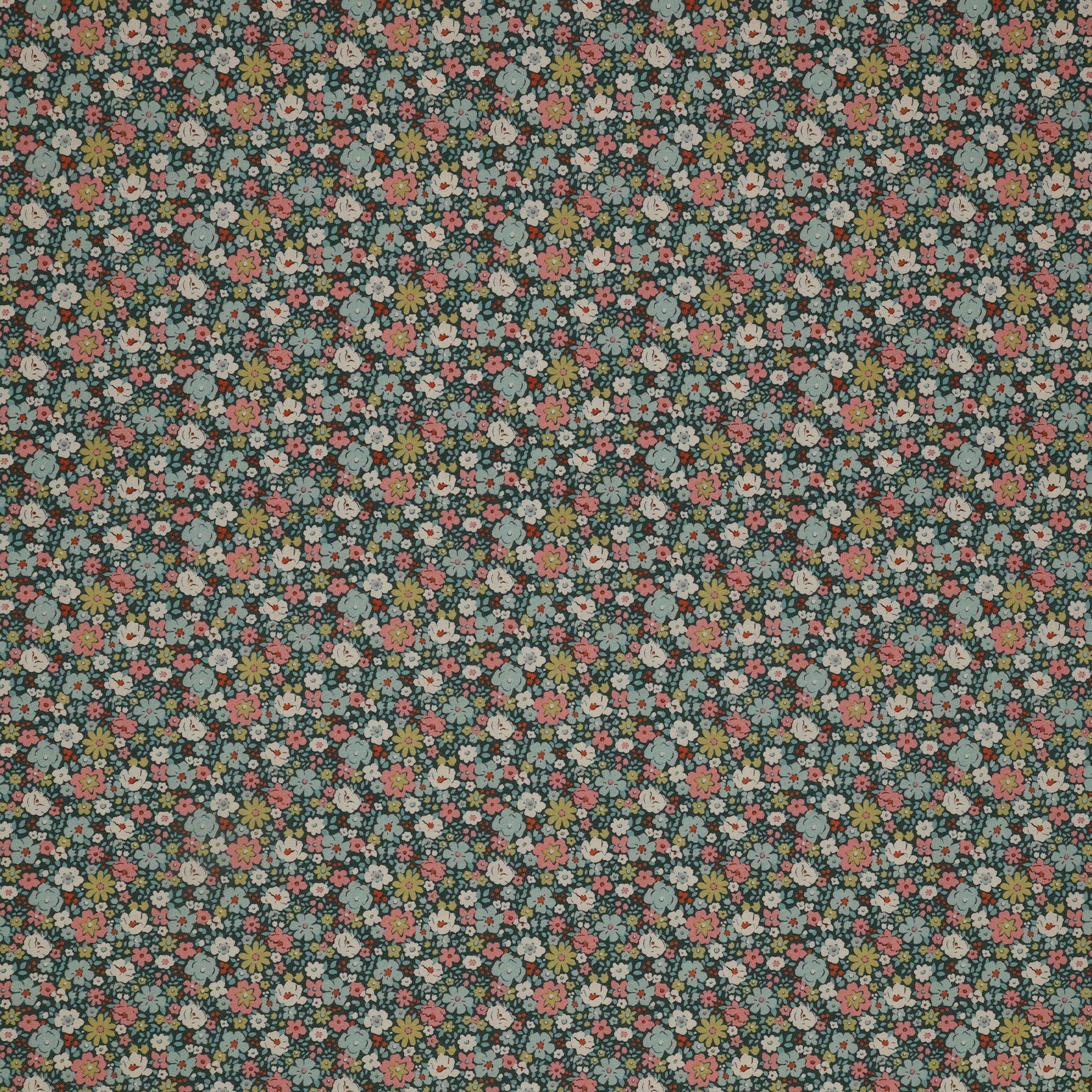 Village Life Fabric Collection - Esther Petrol: petrol blue with dense pink, blue, cream, and green flowers in a small-scale pattern TIL100689-ESTHER-PETROL