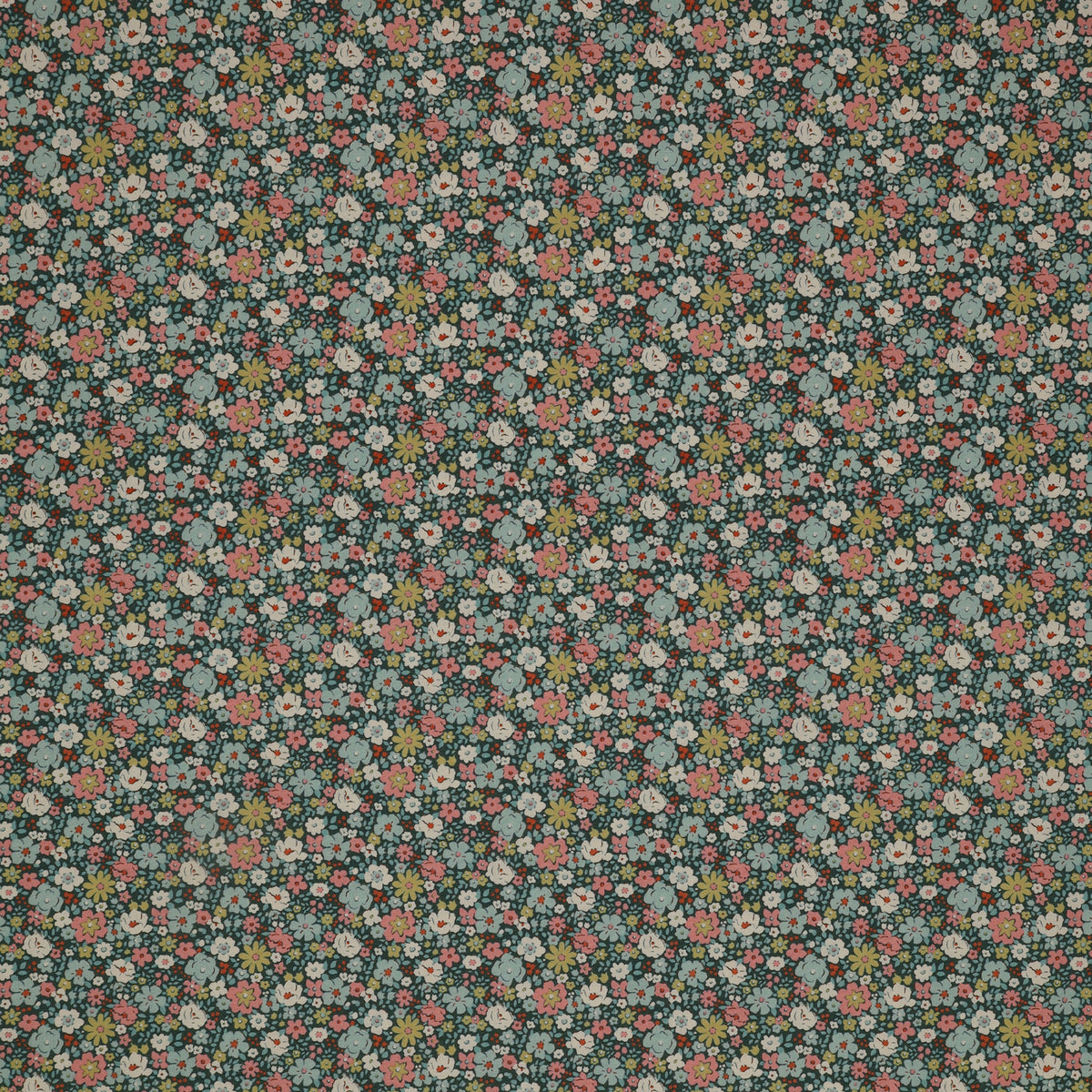 Village Life Fabric Collection - Esther Petrol: petrol blue with dense pink, blue, cream, and green flowers in a small-scale pattern TIL100689-ESTHER-PETROL